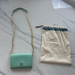 Tory Burch Mercer wallet on Chain Turquoise Blue gold crossbody purse | Dust bag